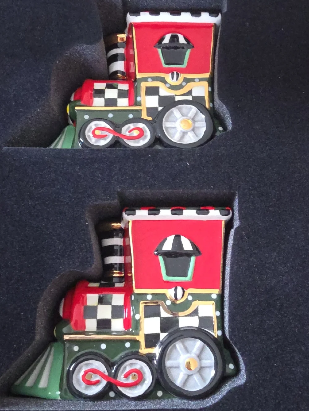Adorable NWT IOB MacKenzie-Childs Christmas Train Salt & Pepper Set 💚🎄🎅🚄❤️